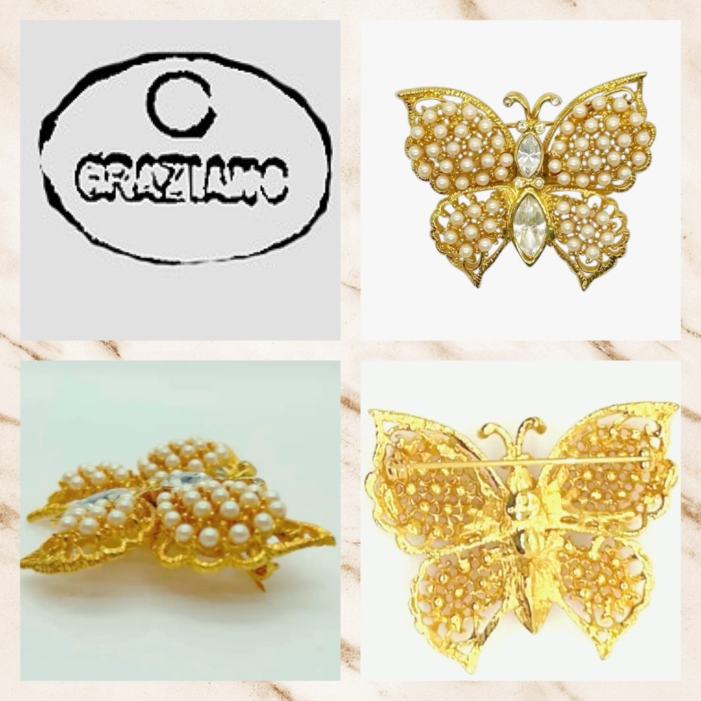 Vintage Graziano Faux Pearl Golden Butterfly Brooch.